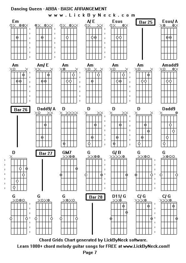 Chord Grids Chart of chord melody fingerstyle guitar song-Dancing Queen - ABBA - BASIC ARRANGEMENT,generated by LickByNeck software.